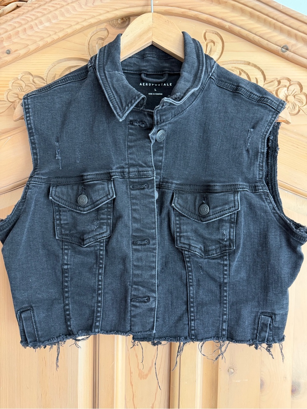 Aeropostale Black Distressed Denim Vest
